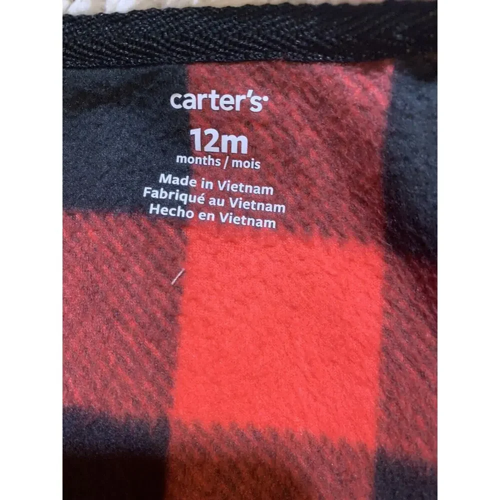 Carters Baby Boy 12M Sleeper Buffalo Plaid Red Black Fleece One Piece Hoodie